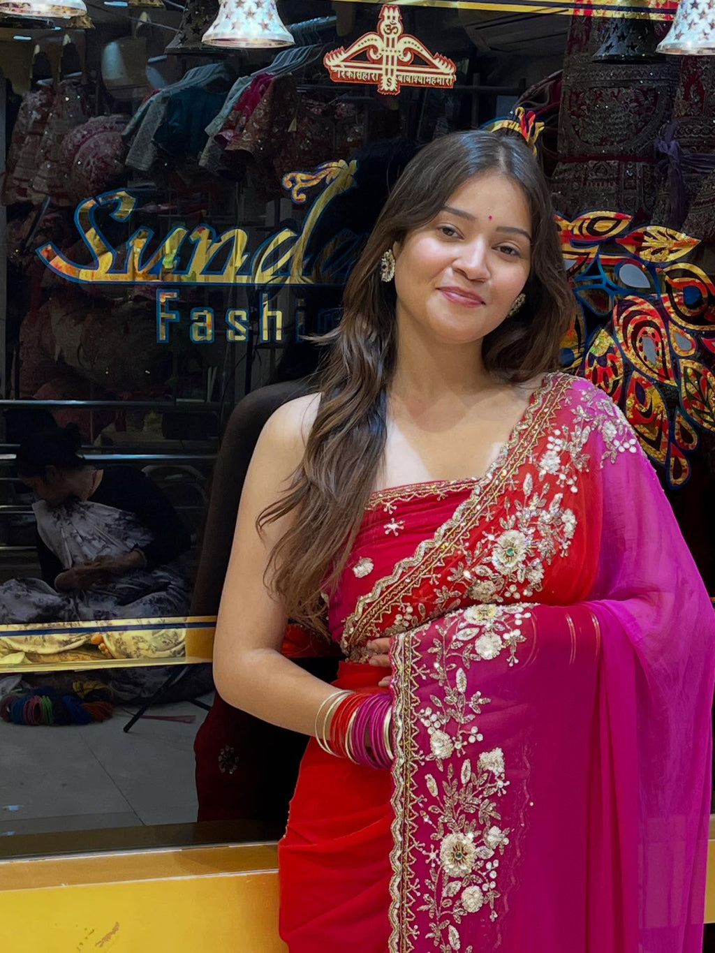 Red & Pink Pearl Handwork Saree