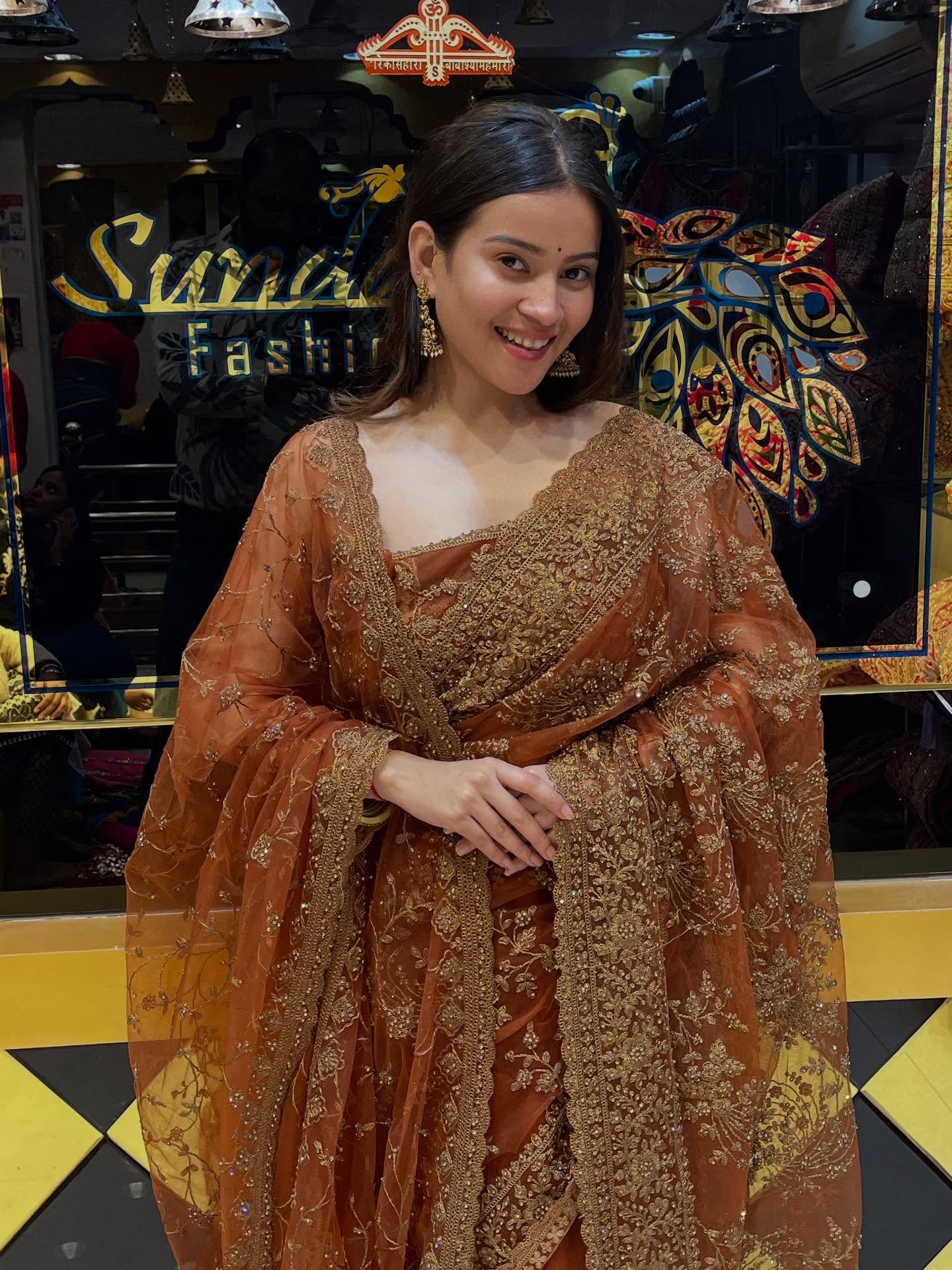 Brown Korean Net Saree Dupatta Set