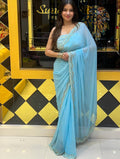Ice Blue Pure Chiffon Handwork Saree