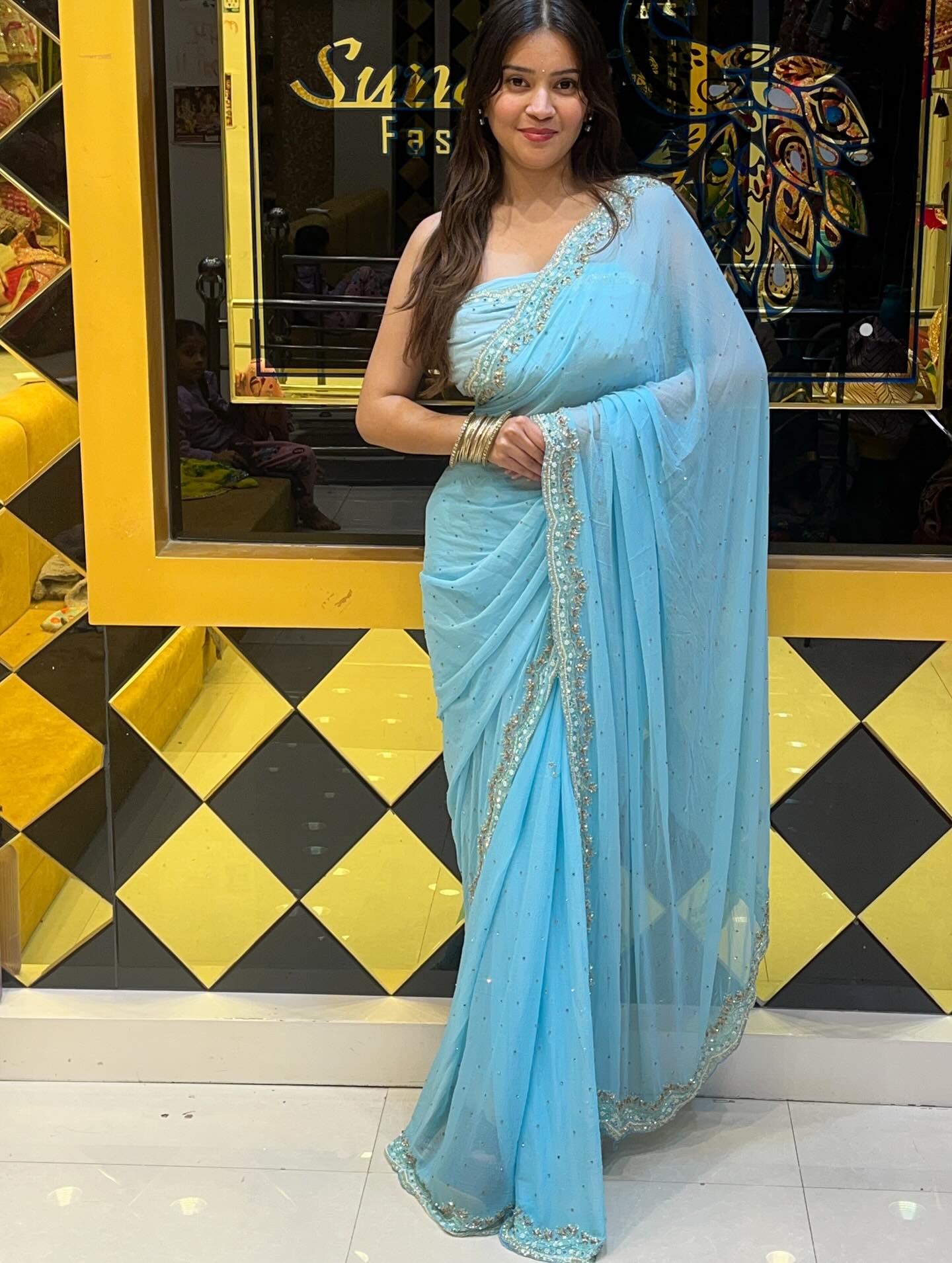 Ice Blue Pure Chiffon Handwork Saree
