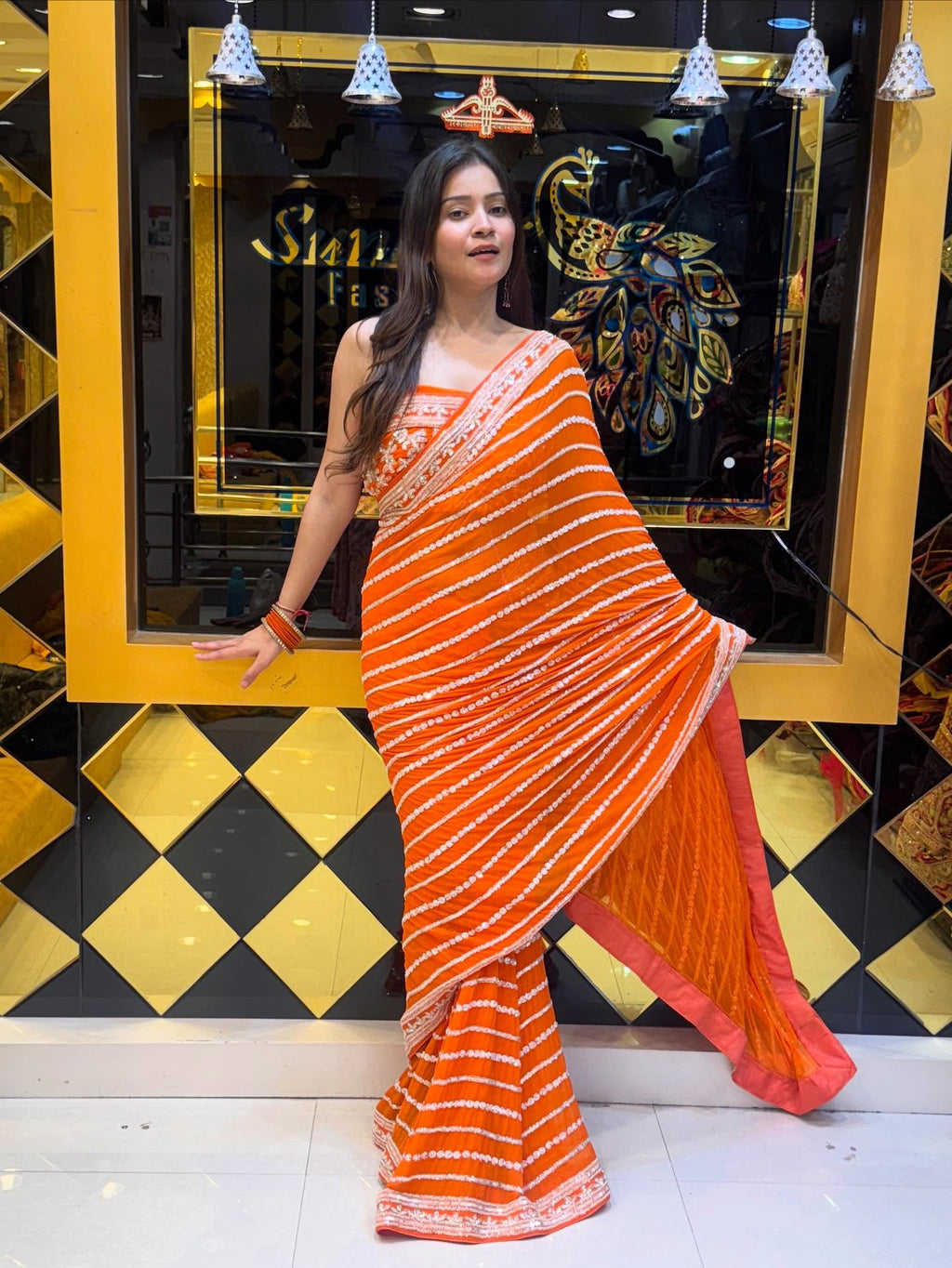 Orange Handwork Partywear Saree