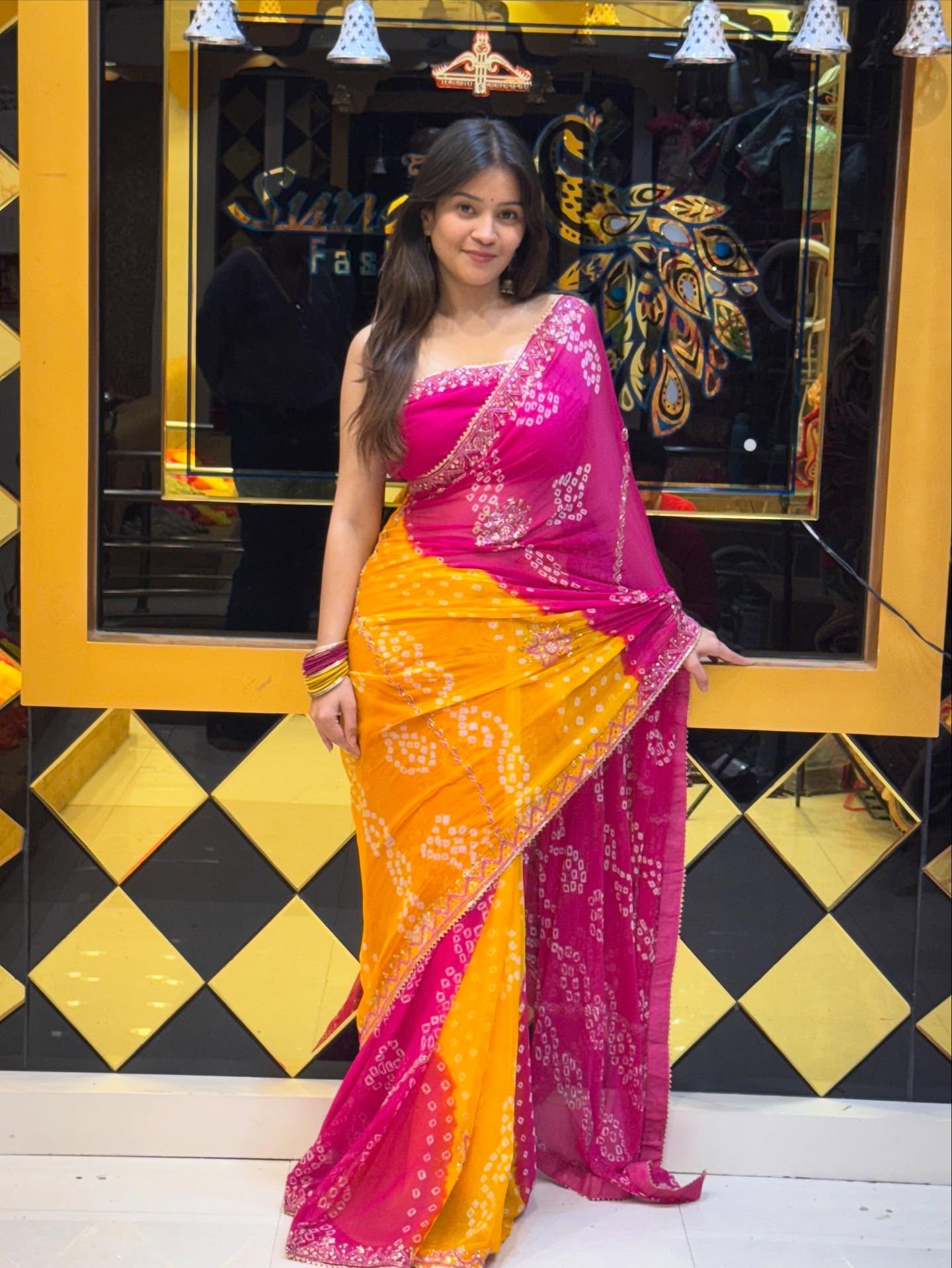 Pink Mustard Bandhej Saree