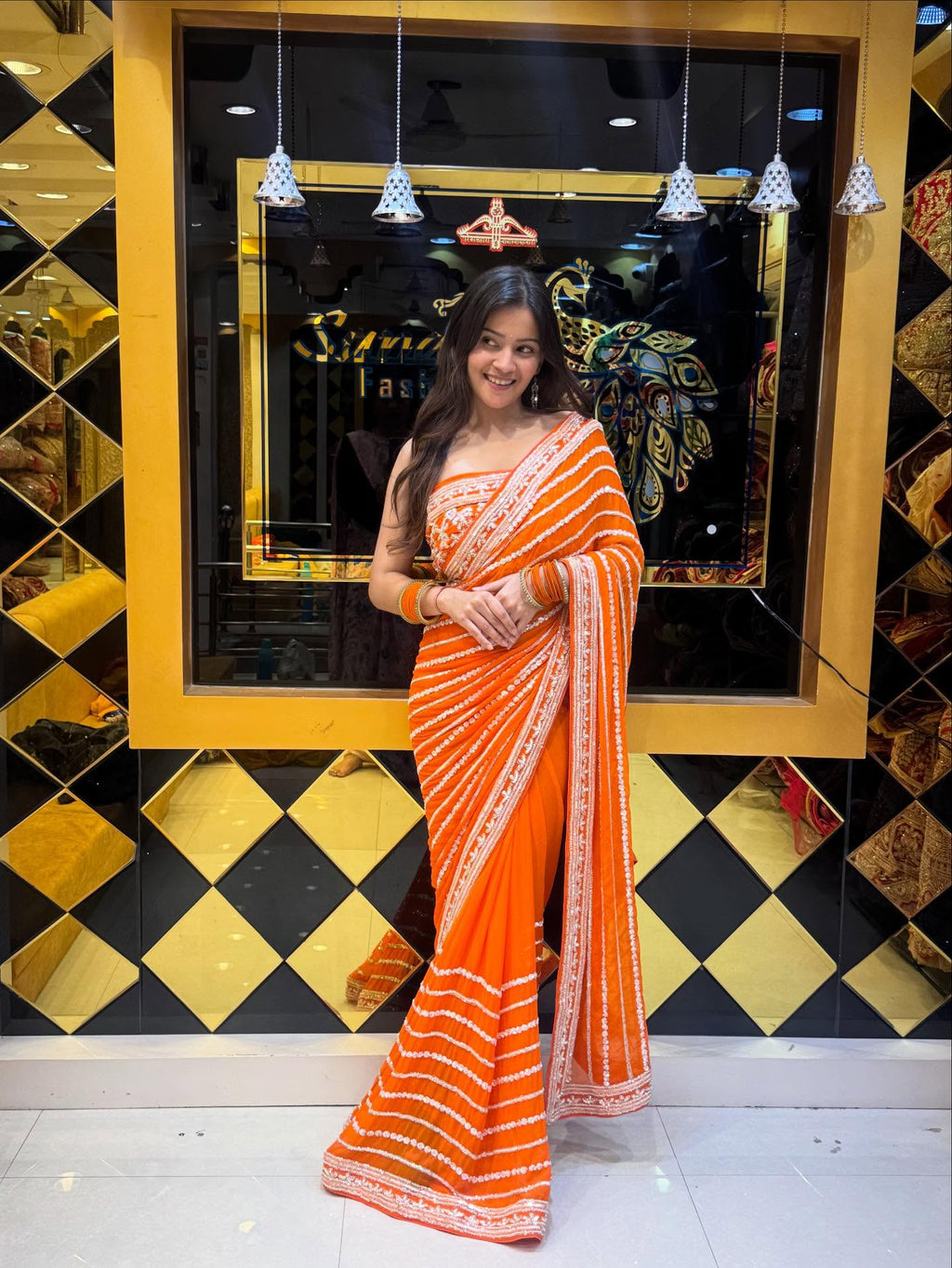 Orange Handwork Partywear Saree