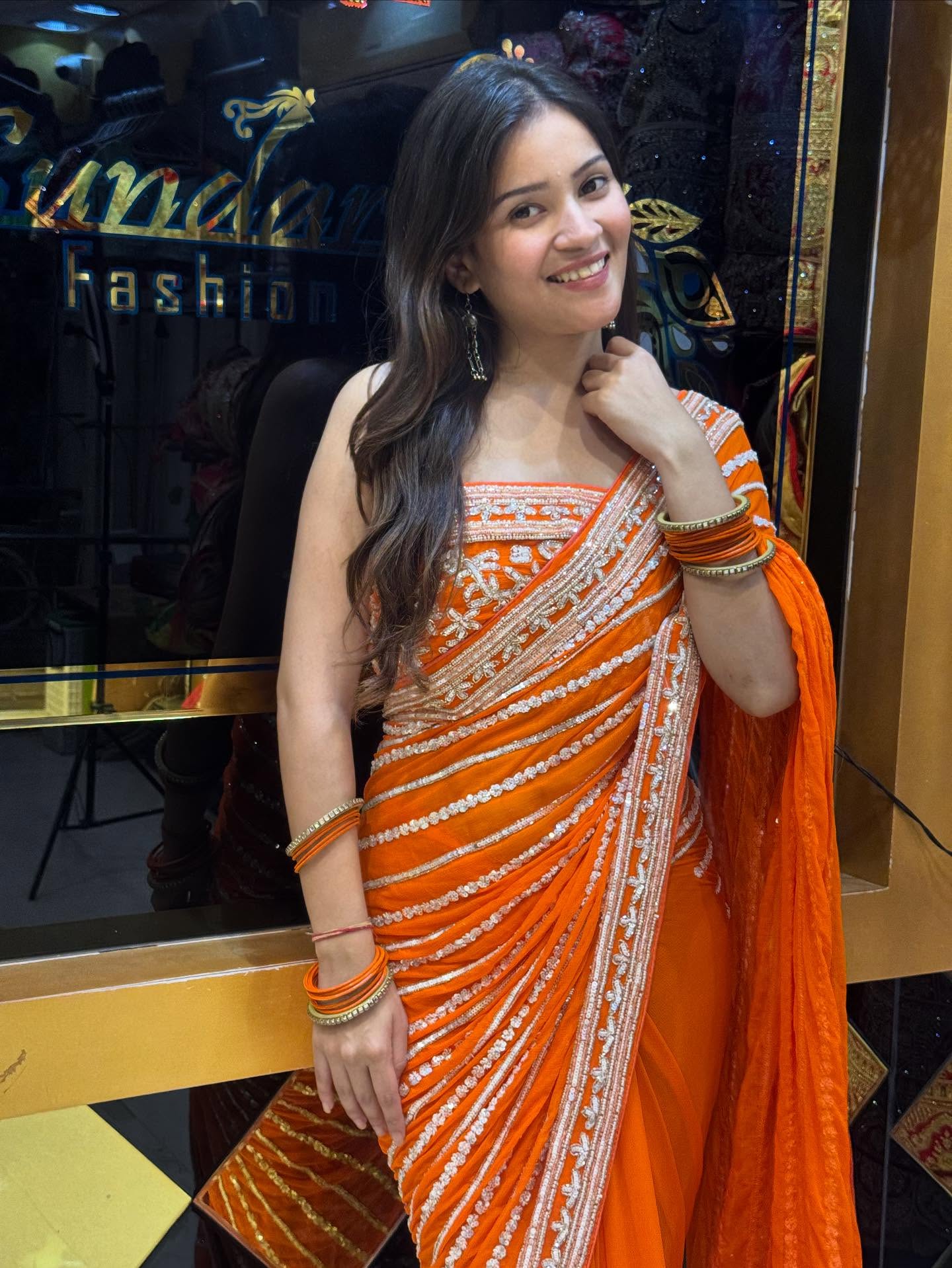 Orange Handwork Partywear Saree