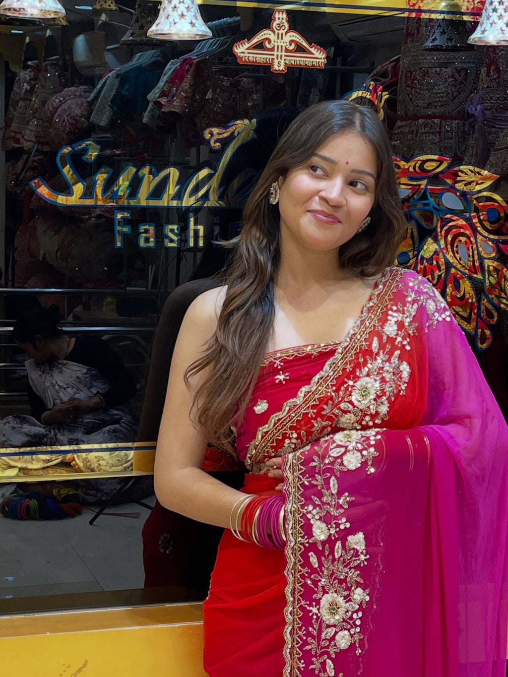 Red & Pink Pearl Handwork Saree