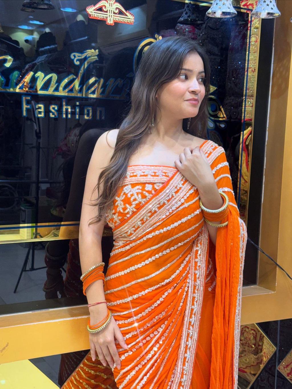 Orange Handwork Partywear Saree