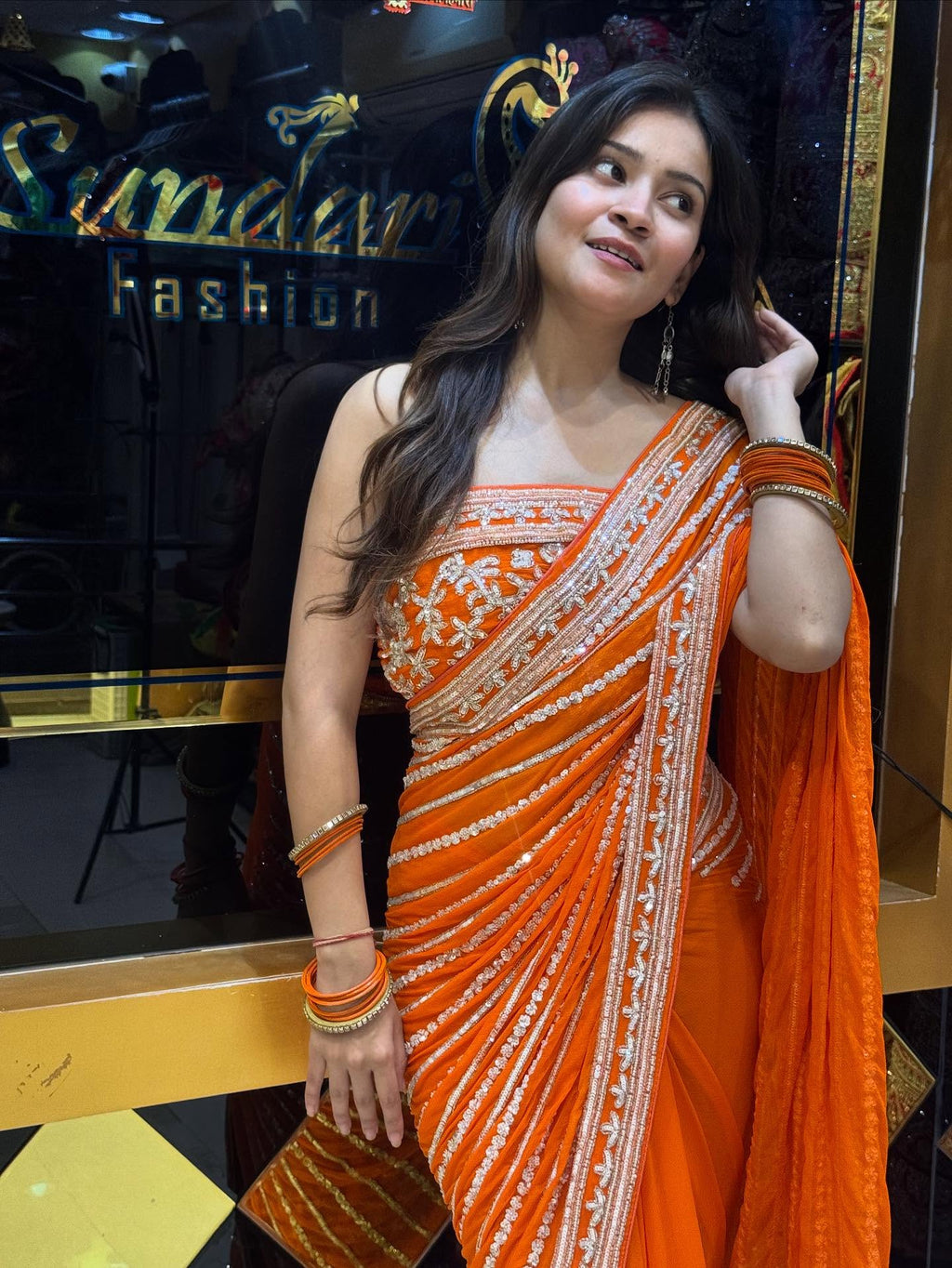 Orange Handwork Partywear Saree