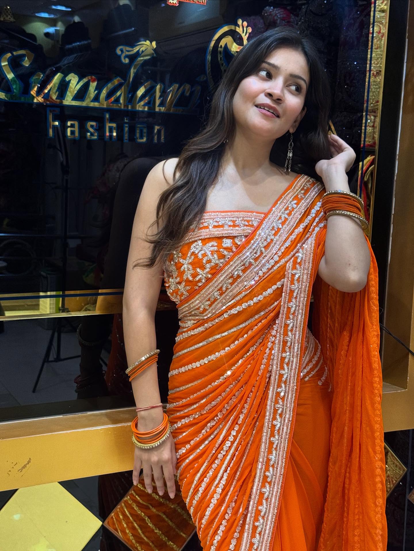 Orange Handwork Partywear Saree