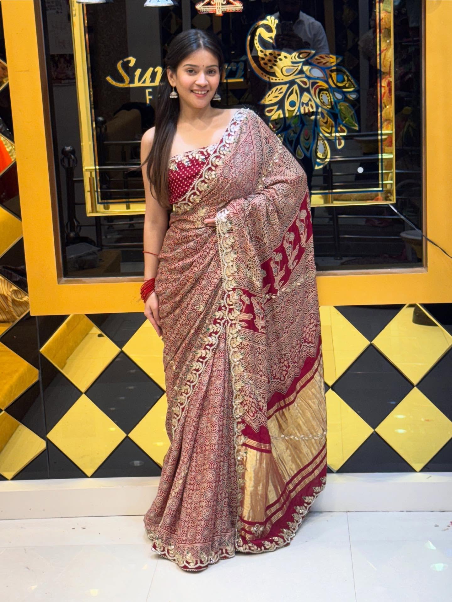 Red Gaji Silk Ajarak. with Gotapati Handwork saree