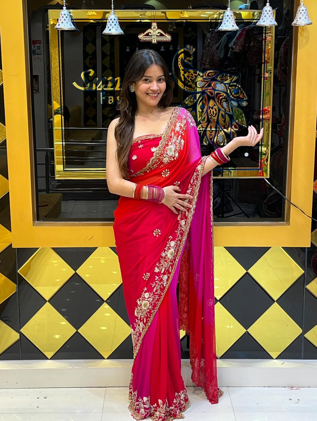 Red & Pink Pearl Handwork Saree