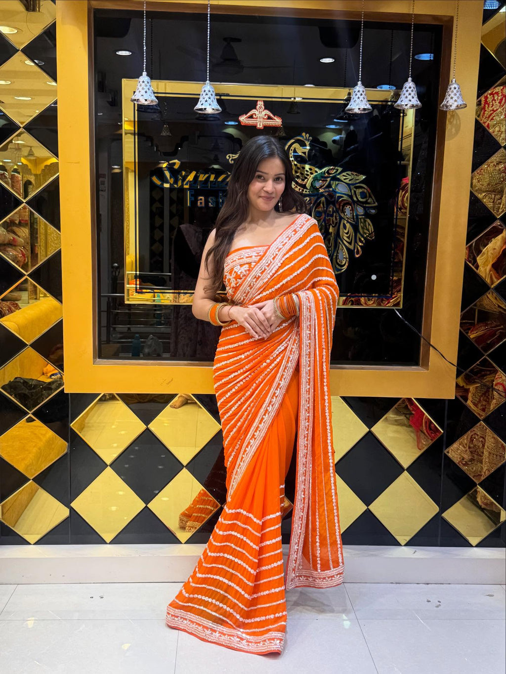 Orange Handwork Partywear Saree