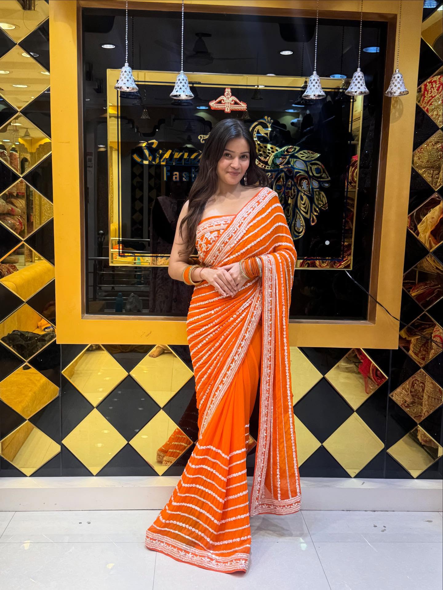 Orange Handwork Partywear Saree