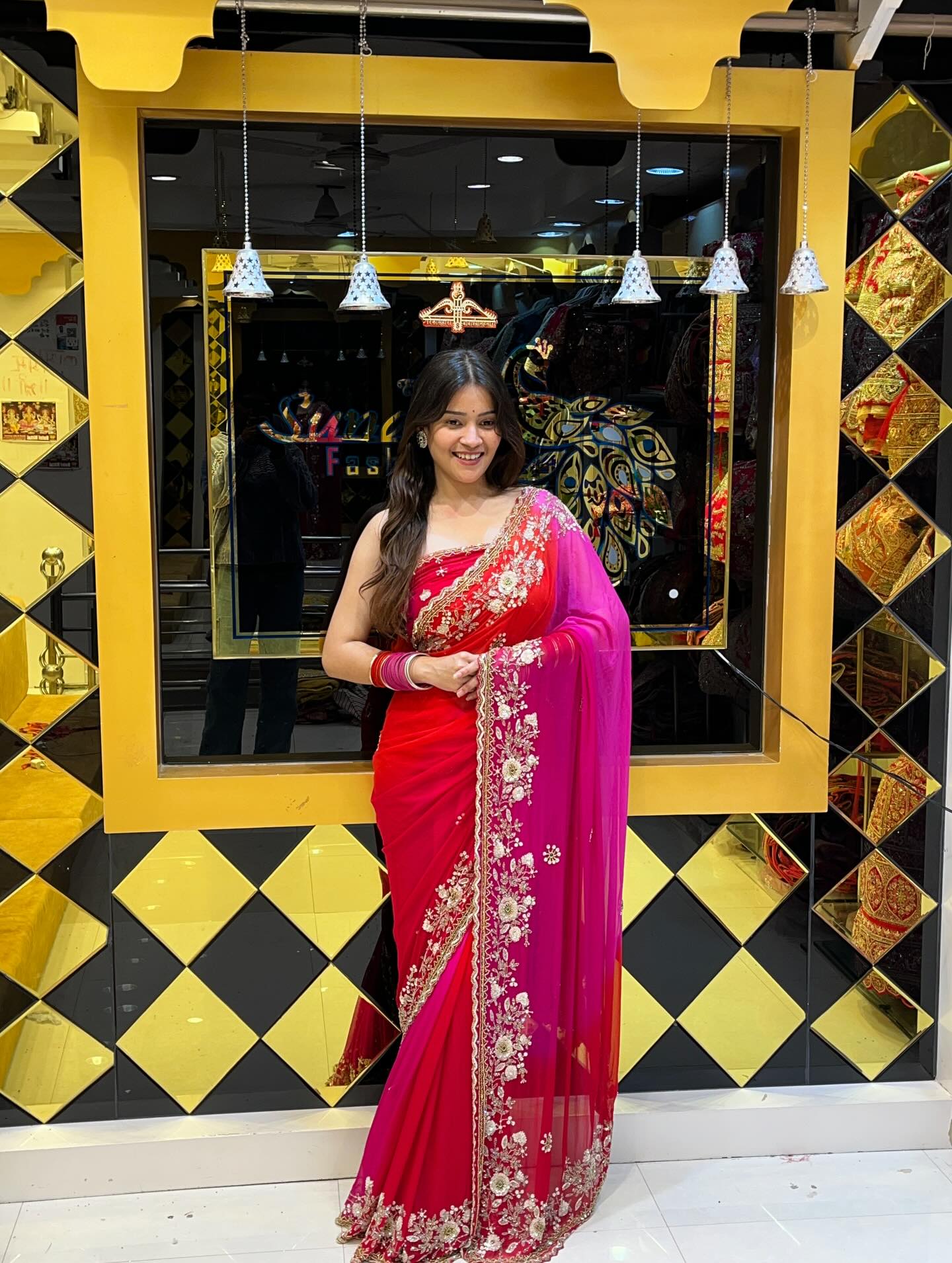 Red & Pink Pearl Handwork Saree