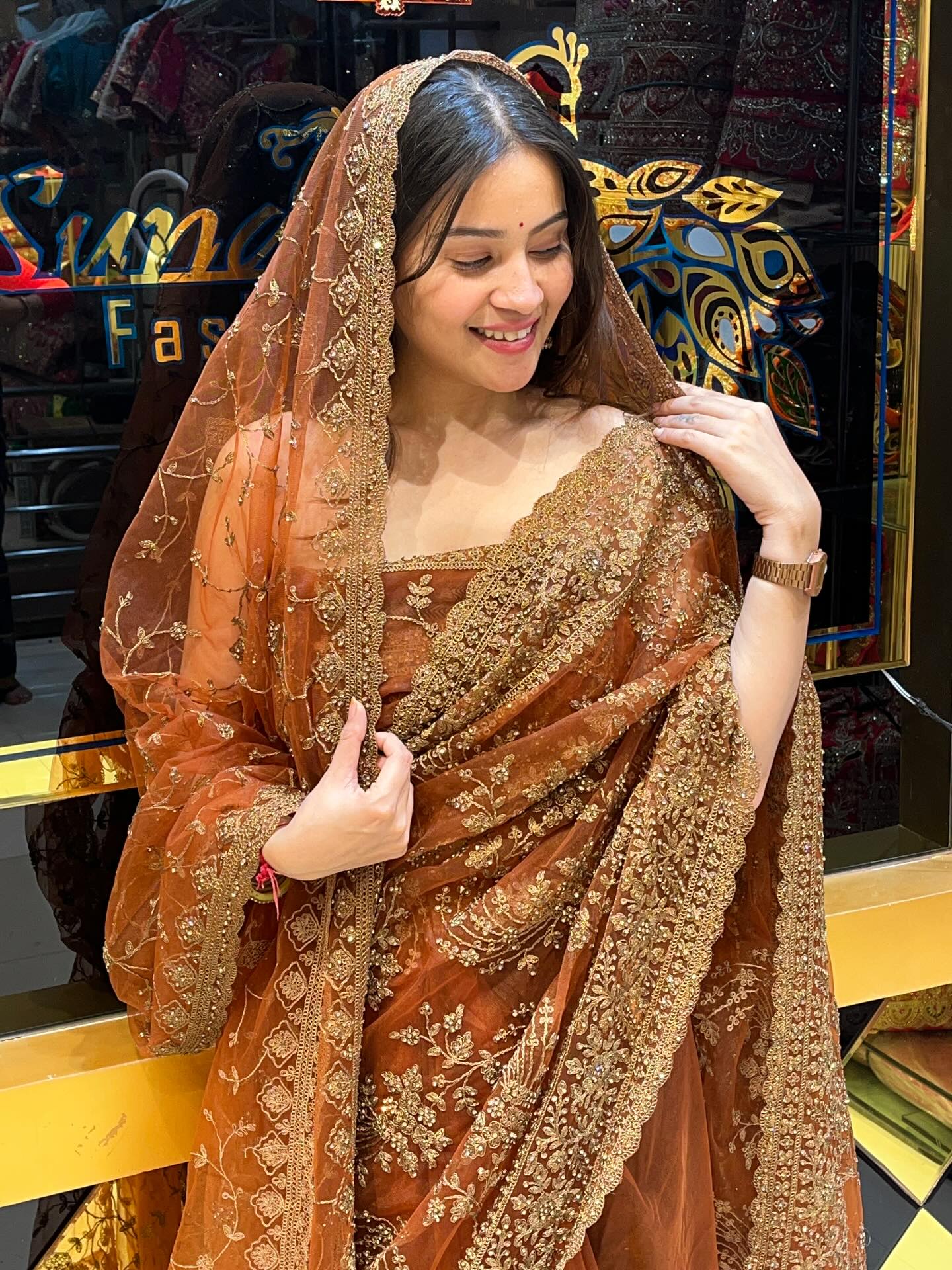 Brown Korean Net Saree Dupatta Set