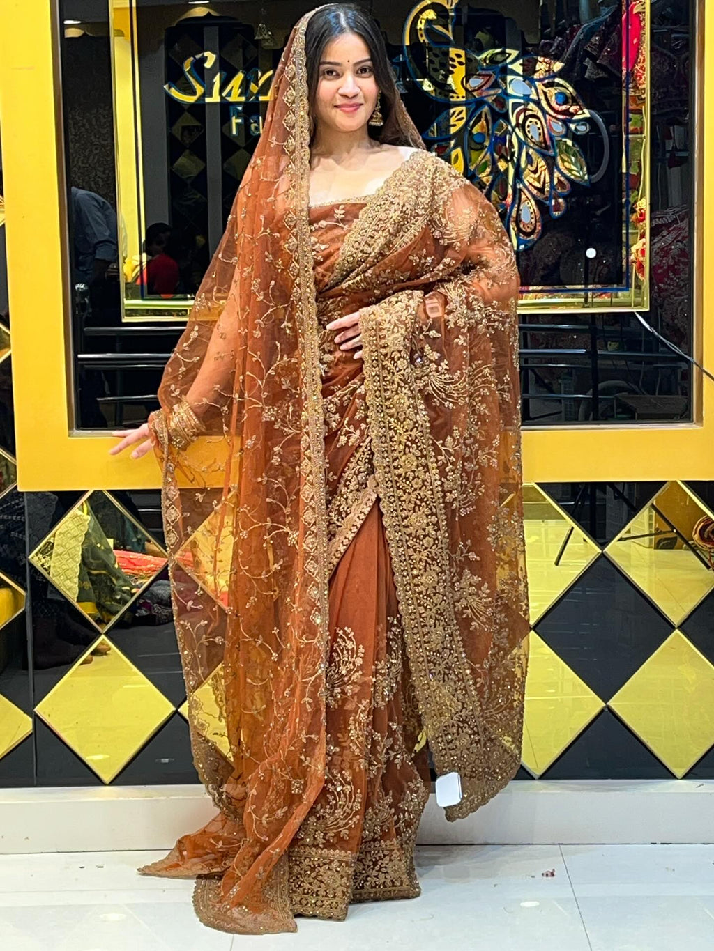 Brown Korean Net Saree Dupatta Set