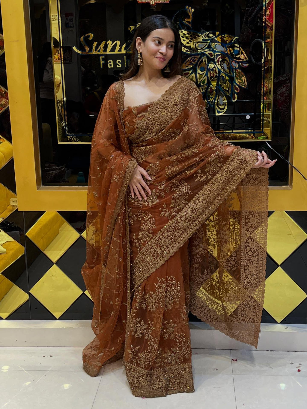 Brown Korean Net Saree Dupatta Set