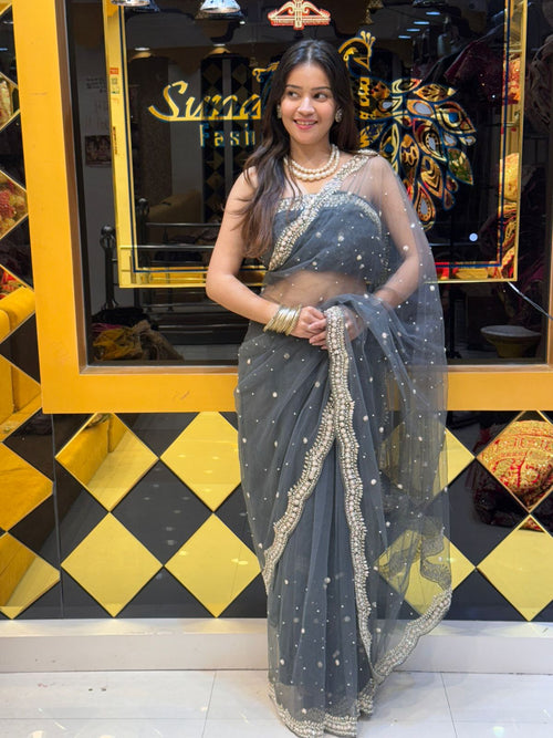 Grey Pearl Work Partywear Saree (106)