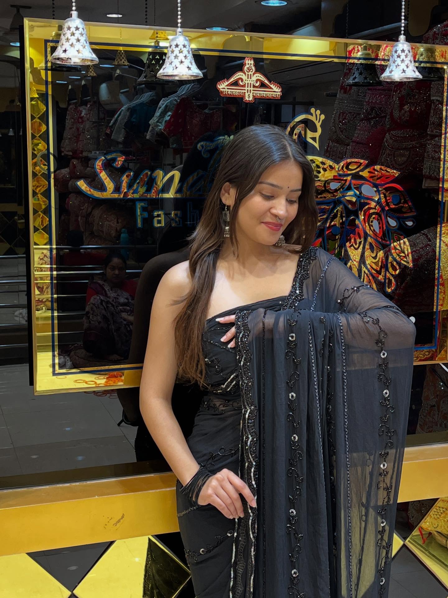 Black  Pure Chiffon Handwork Saree