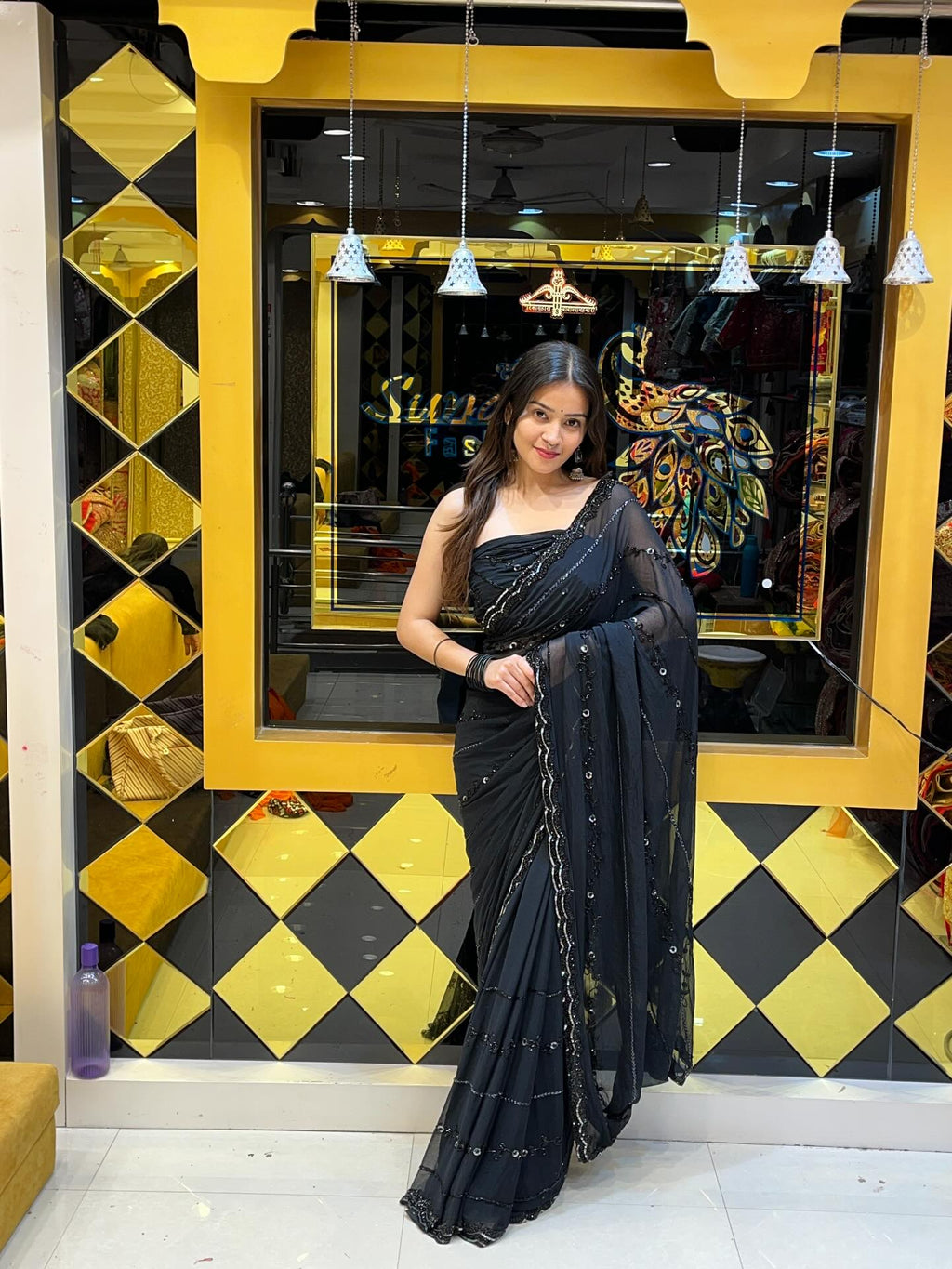Black  Pure Chiffon Handwork Saree