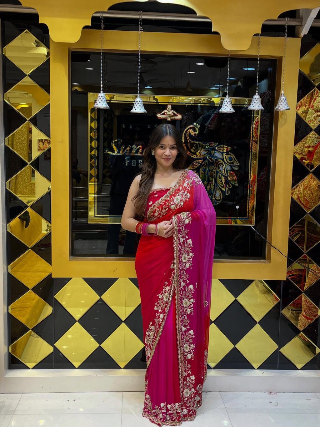 Red & Pink Pearl Handwork Saree