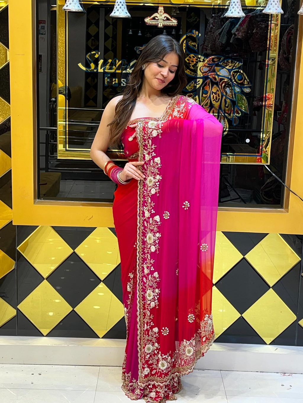 Red & Pink Pearl Handwork Saree