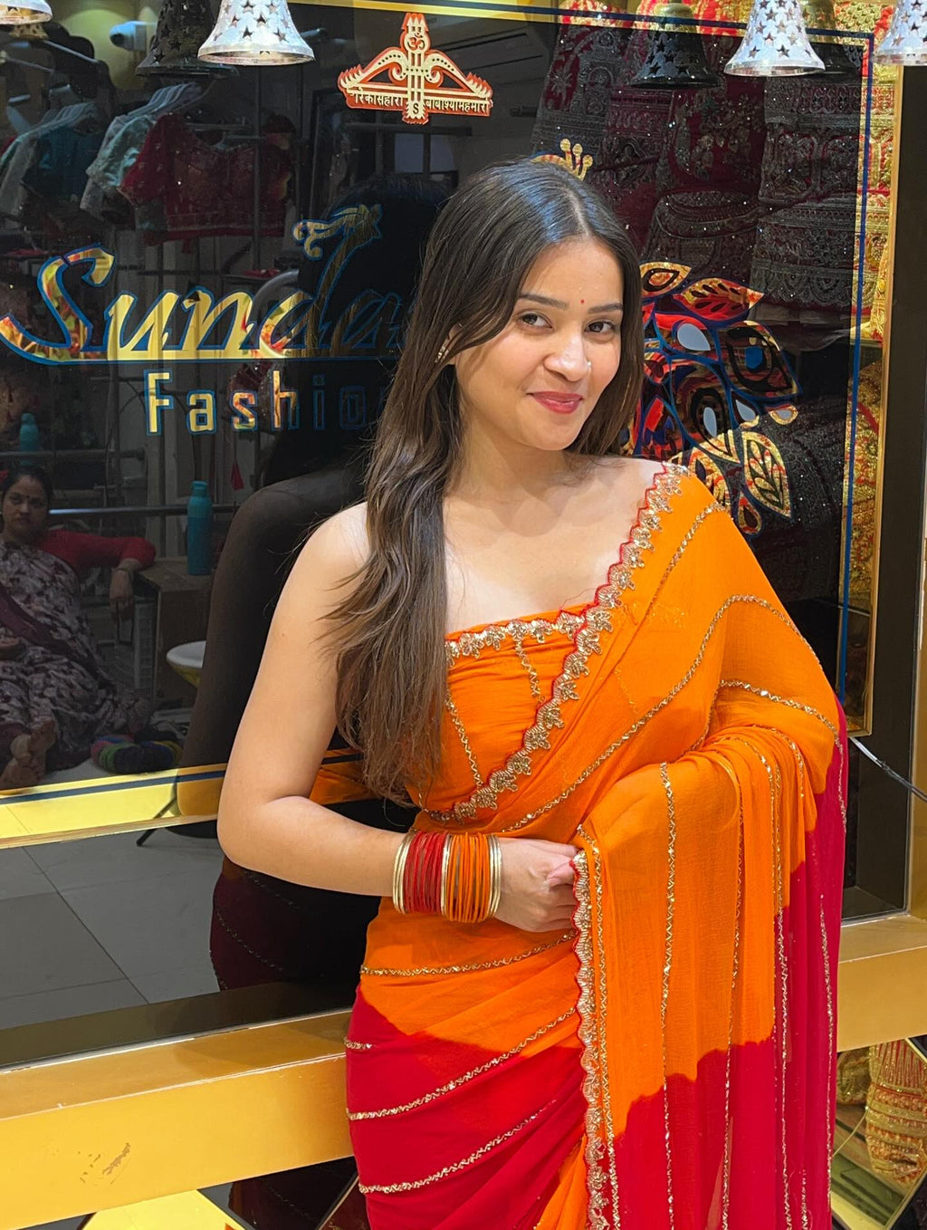 Red Orange Handwork Saree