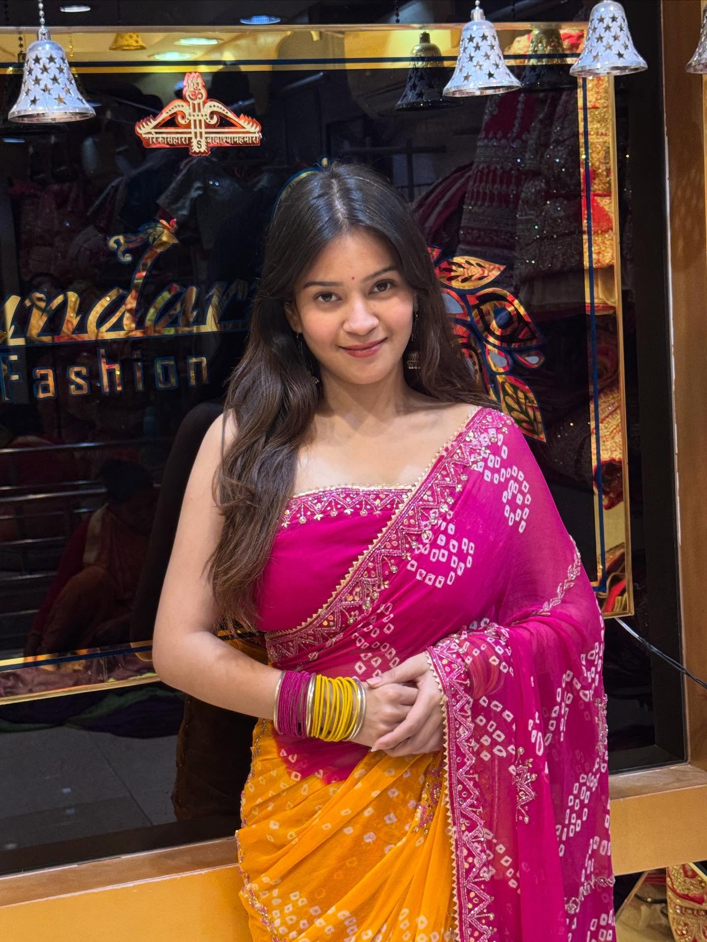 Pink Mustard Bandhej Saree