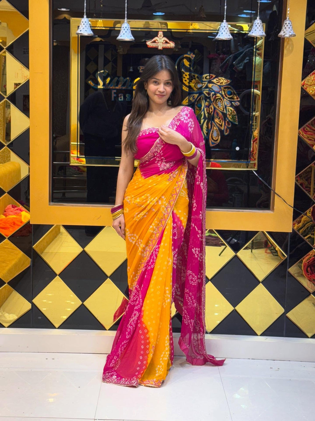 Pink Mustard Bandhej Saree