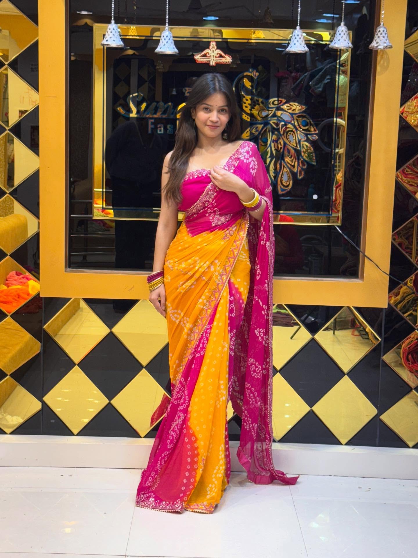Pink Mustard Bandhej Saree