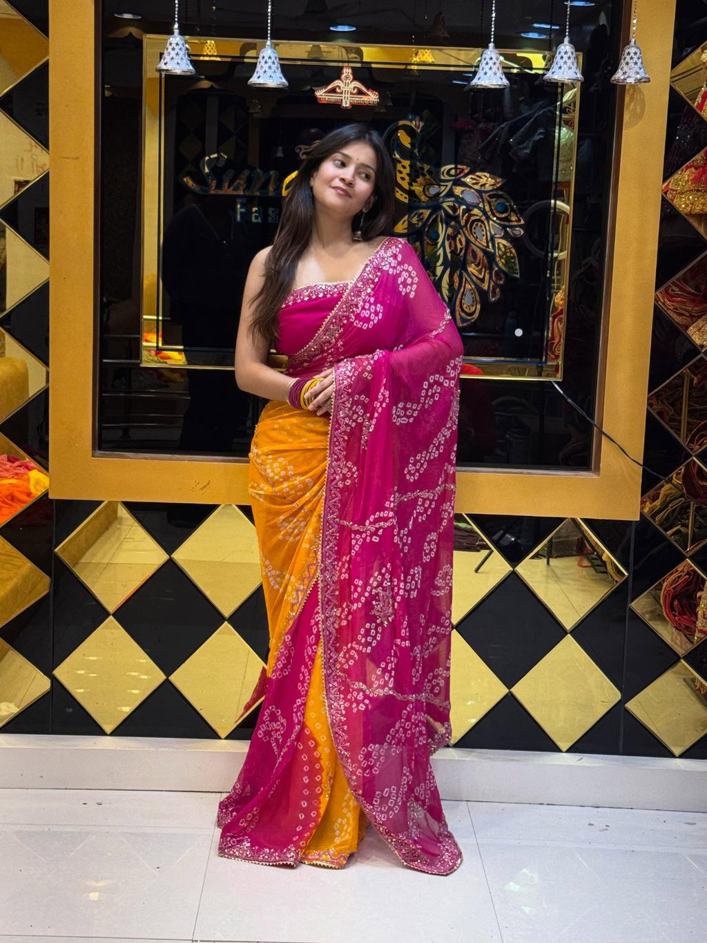 Pink Mustard Bandhej Saree