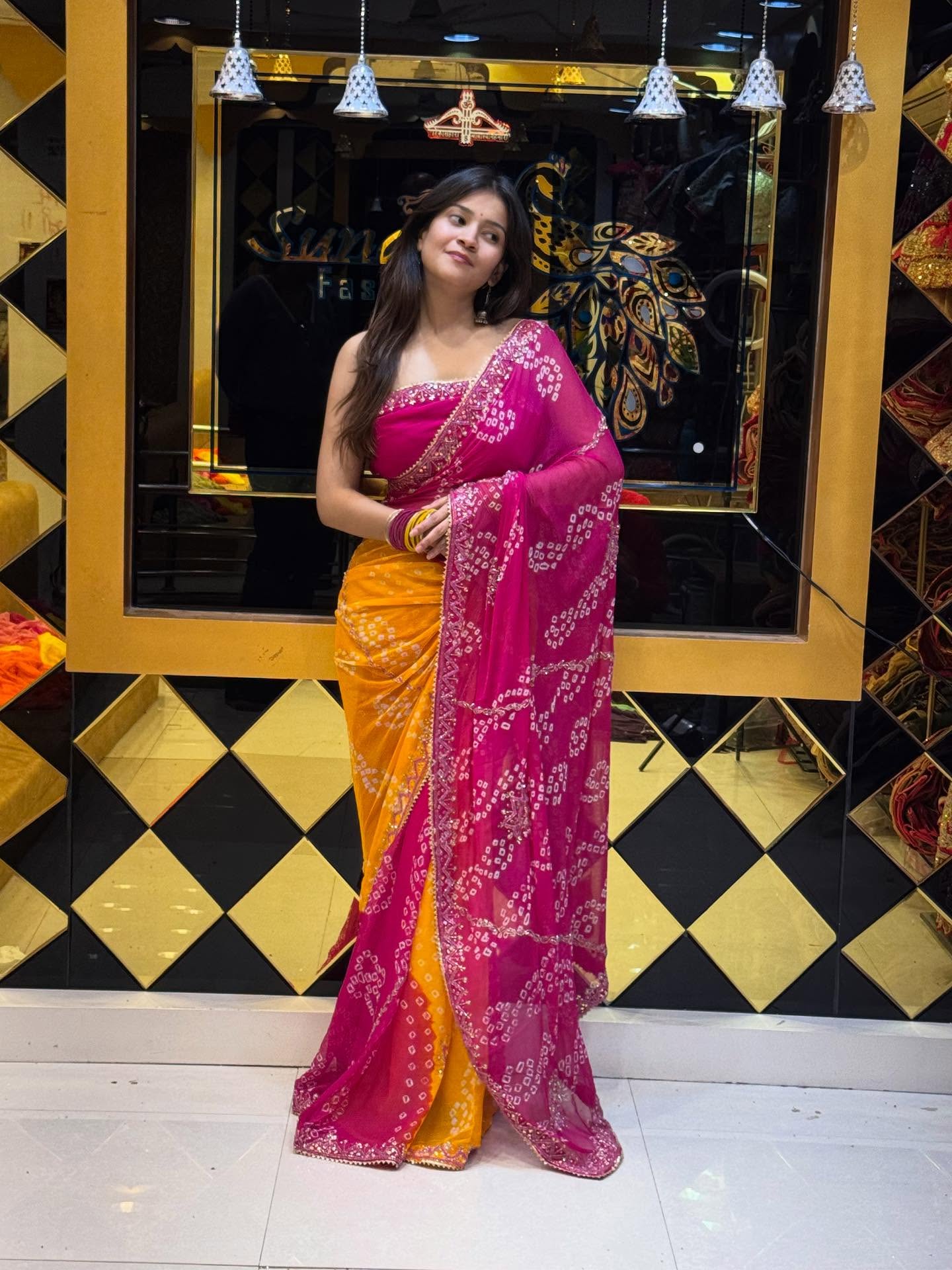 Pink Mustard Bandhej Saree