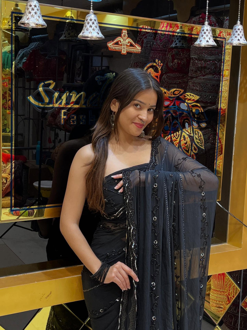 Black  Pure Chiffon Handwork Saree