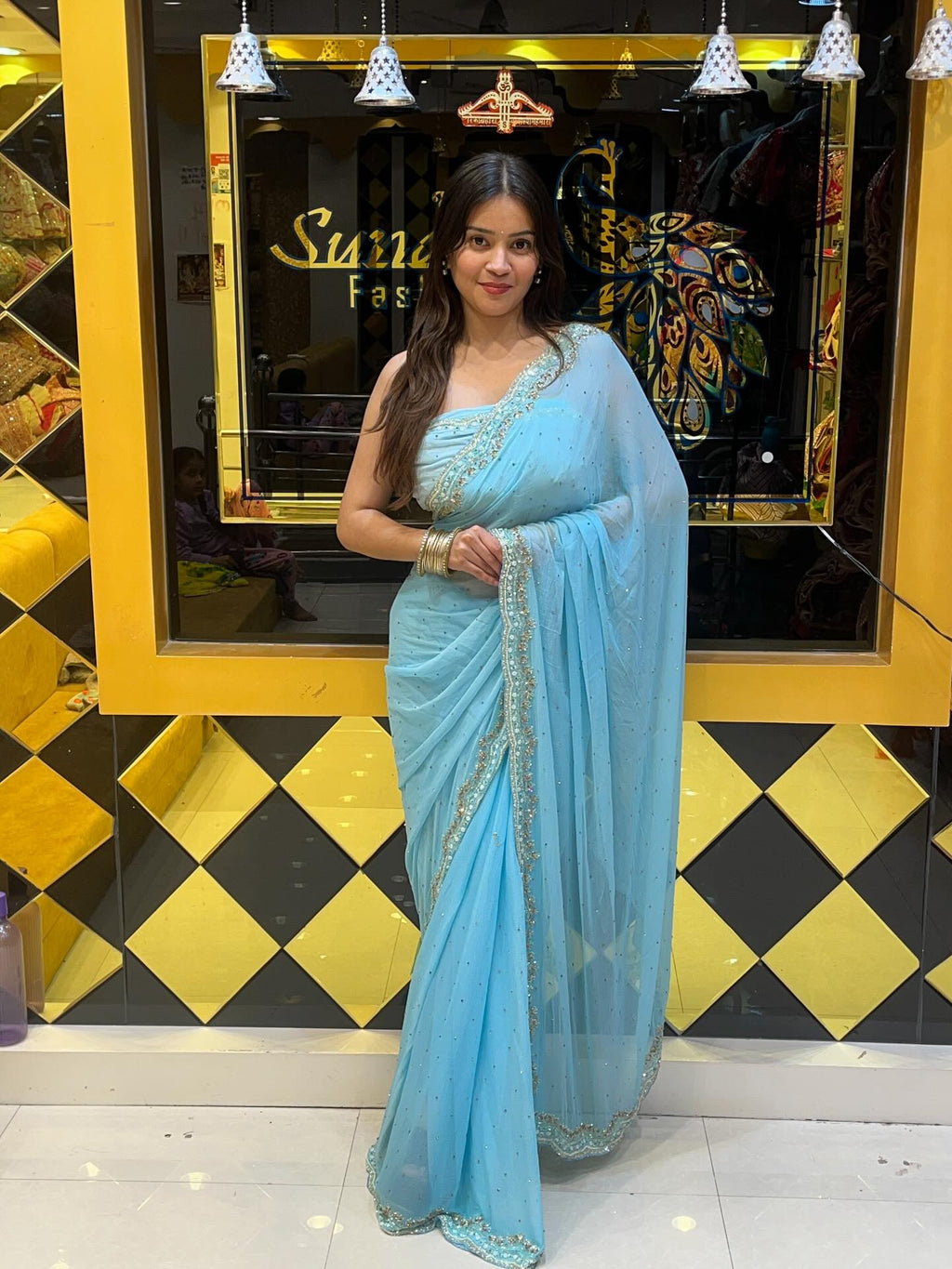 Ice Blue Pure Chiffon Handwork Saree