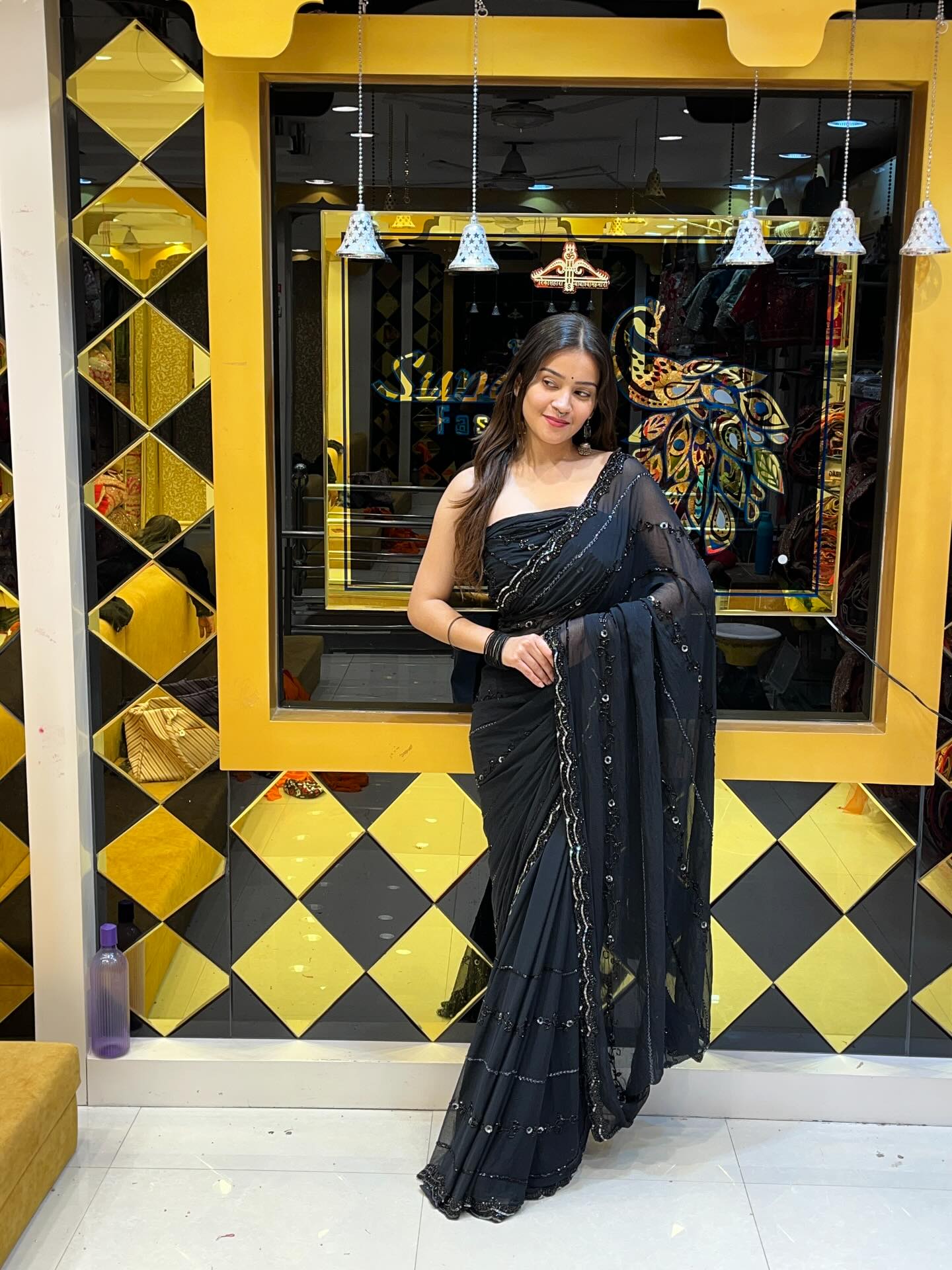 Black  Pure Chiffon Handwork Saree