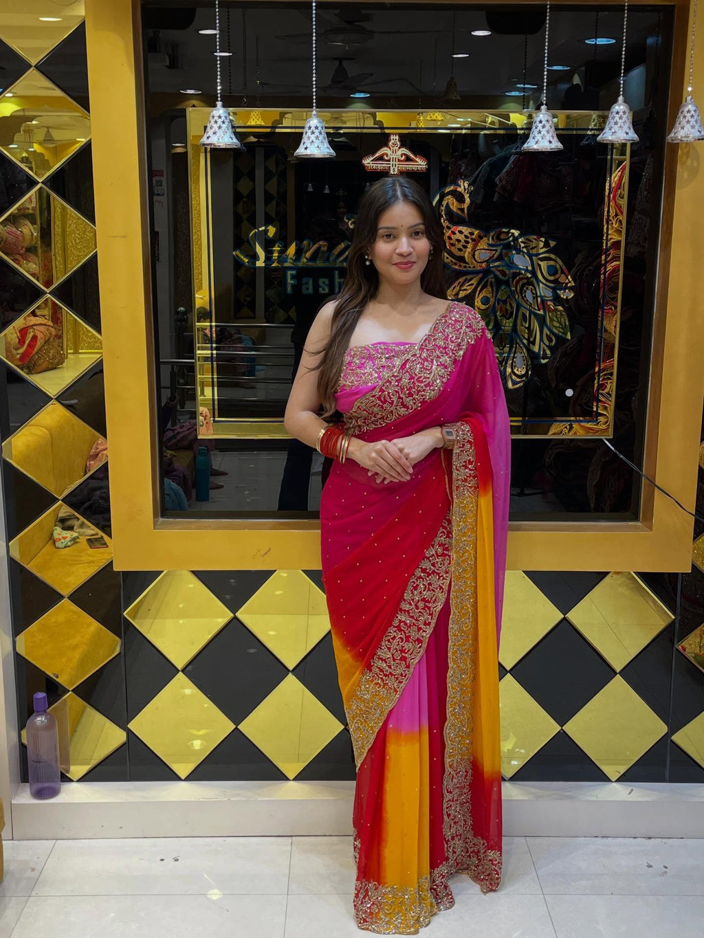 Multi Color Pure Chiffon Handwork Saree