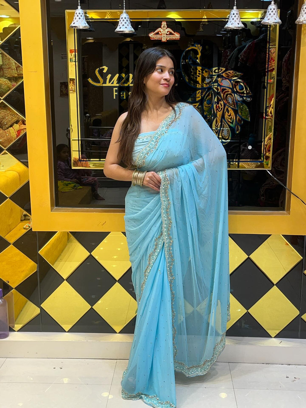 Ice Blue Pure Chiffon Handwork Saree