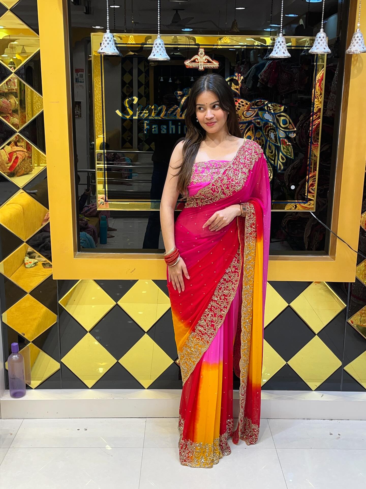 Multi Color Pure Chiffon Handwork Saree