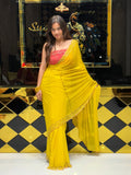 Yellow Pure Chiffon Handwork Saree with  Pink Blouse
