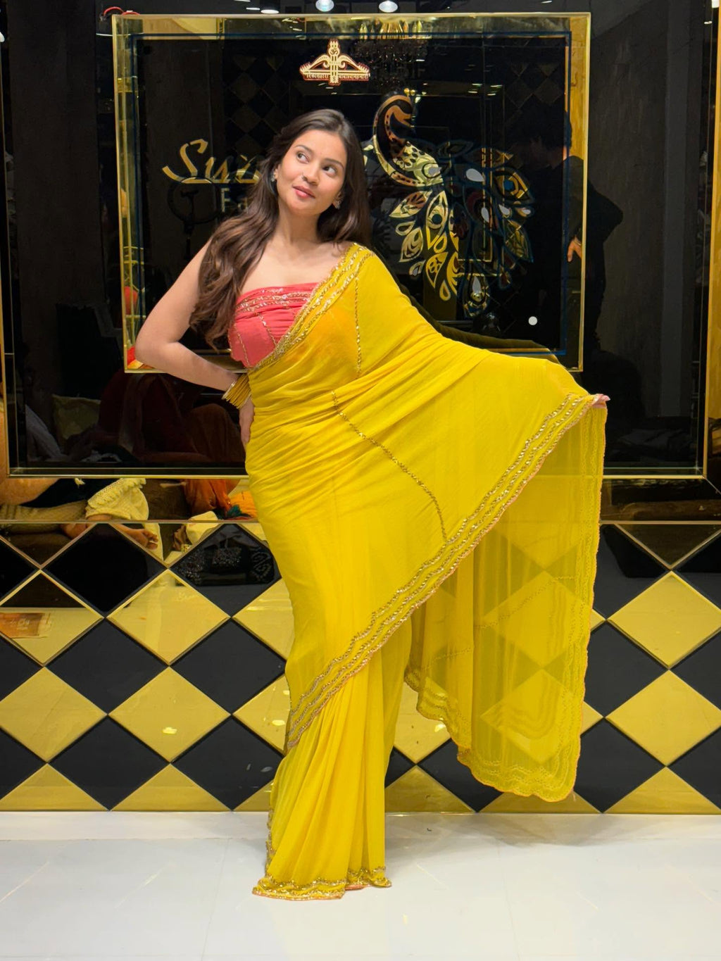 Yellow Pure Chiffon Handwork Saree with  Pink Blouse