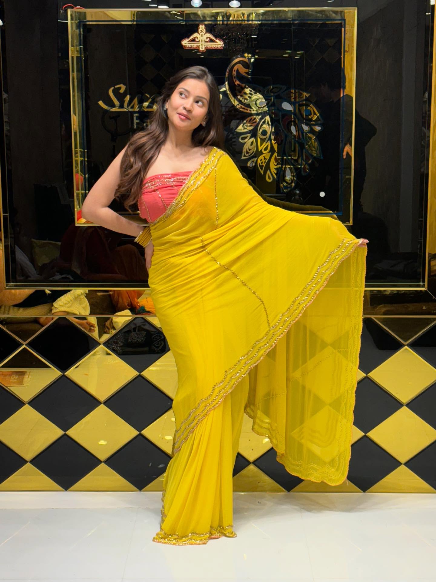 Yellow Pure Chiffon Handwork Saree with  Pink Blouse