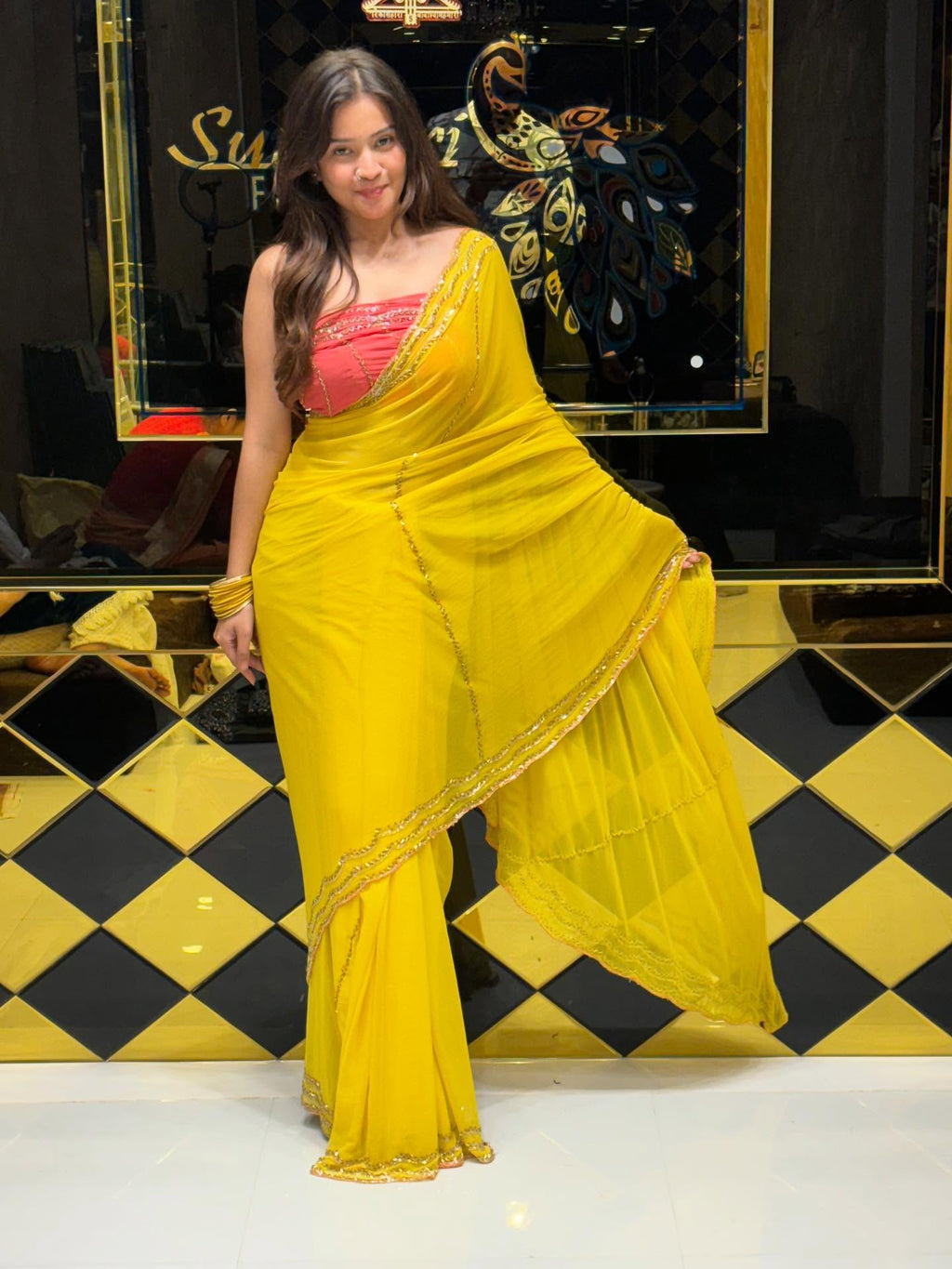Yellow Pure Chiffon Handwork Saree with  Pink Blouse