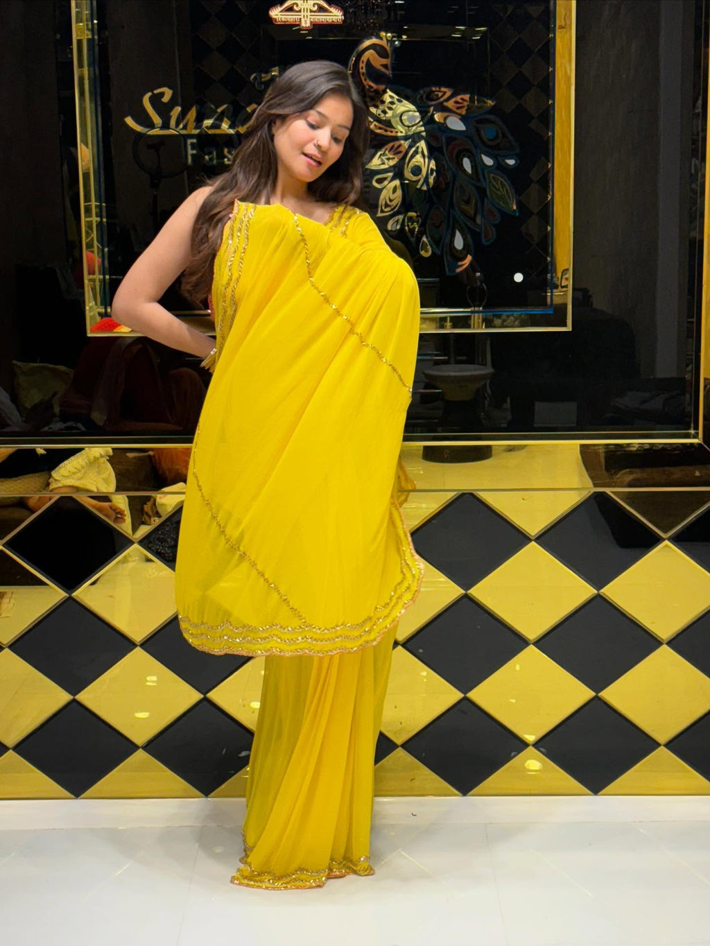 Yellow Pure Chiffon Handwork Saree with  Pink Blouse