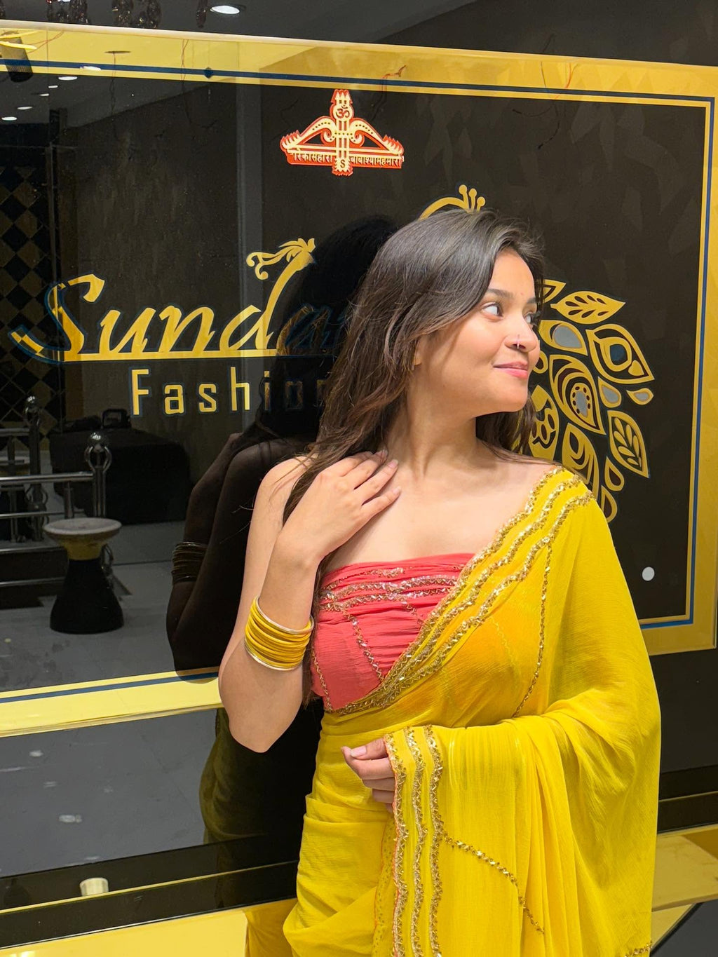 Yellow Pure Chiffon Handwork Saree with  Pink Blouse