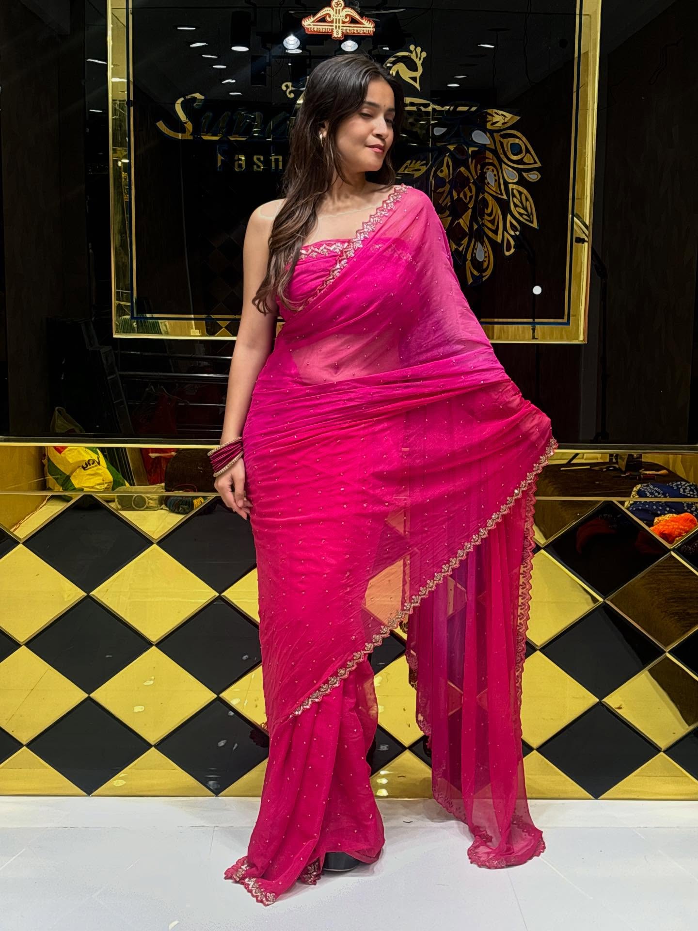 Hot Pink Handwork Ombre  Saree (114)