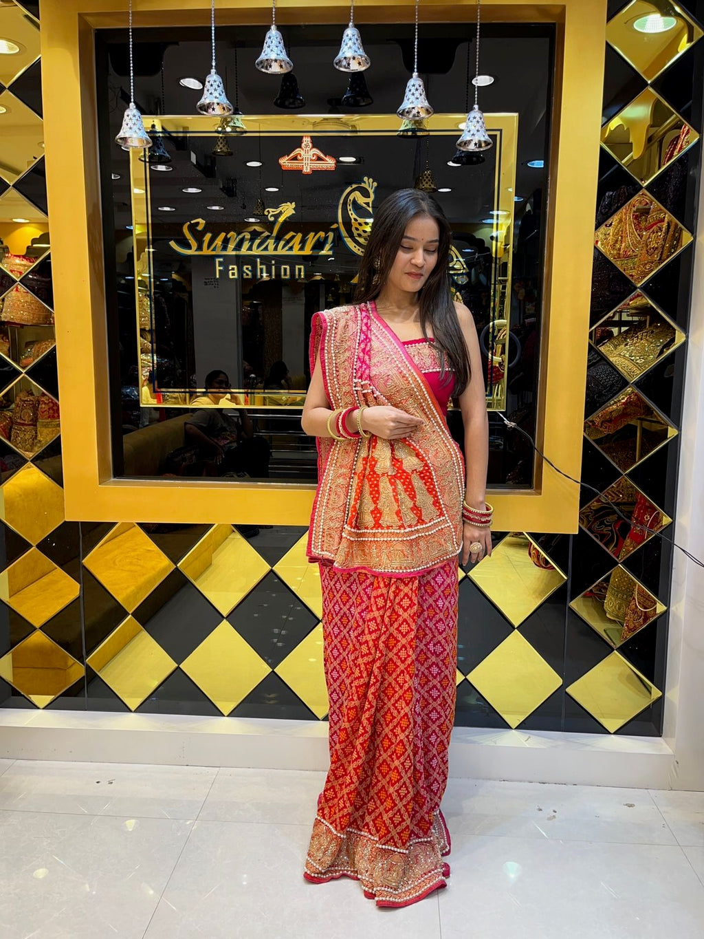 Pearl Work Khaddi Georgette Red Saree