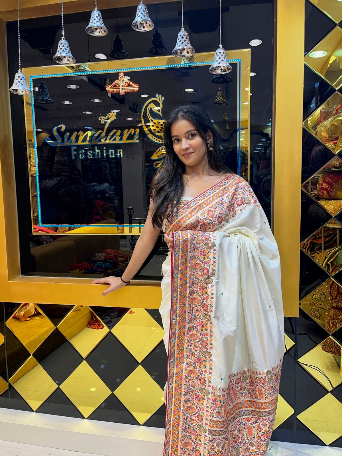 White Resham Border Silk Saree