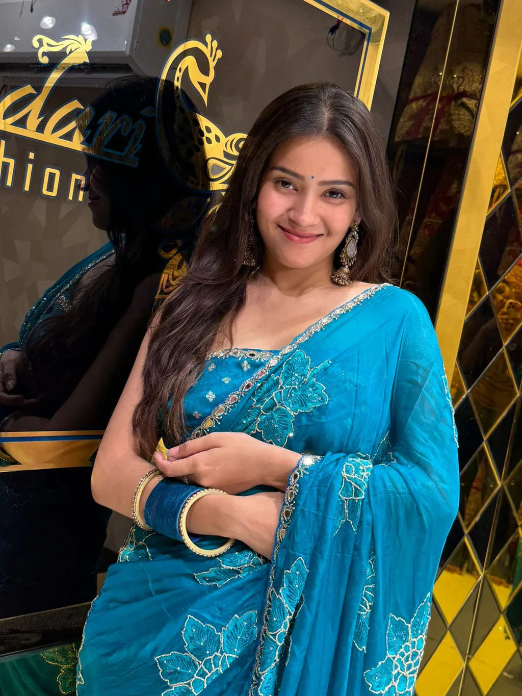 Blue-Floral-MirrorWork-Italian-Crepe-Saree