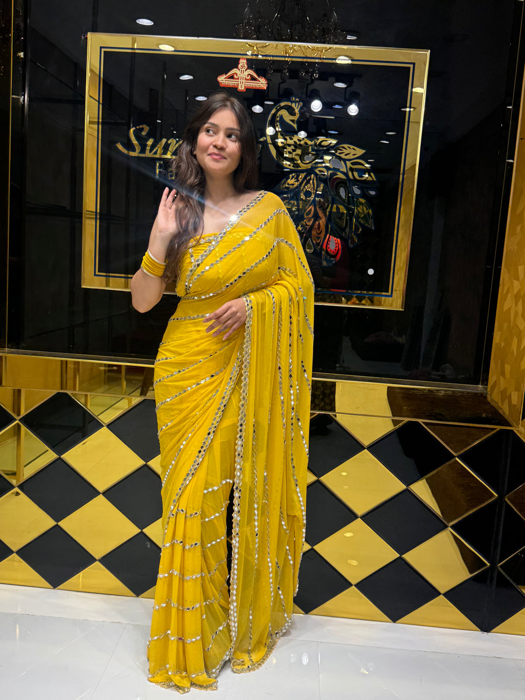 Yellow Original Mirror Work Saree (122)