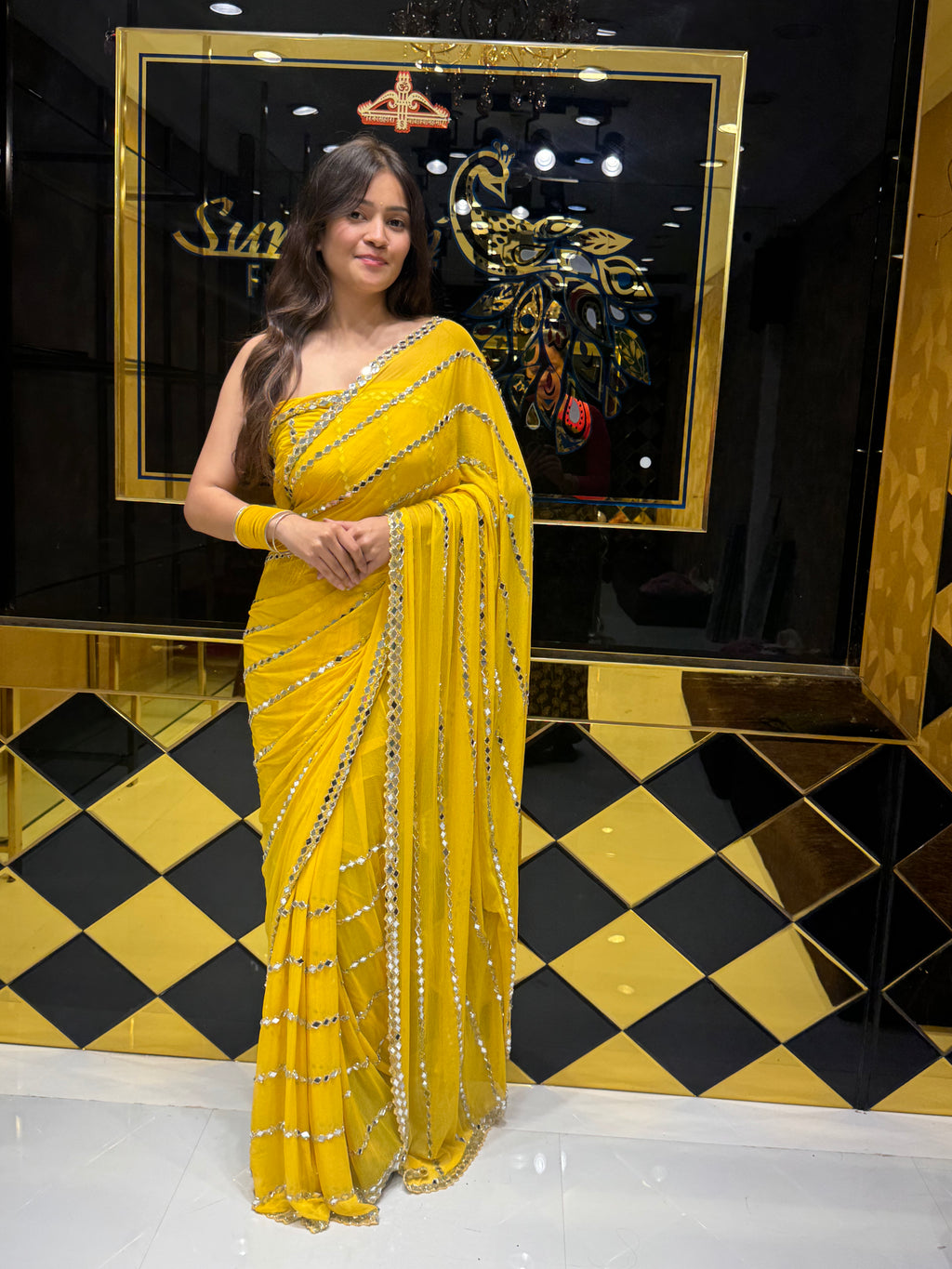 Yellow Original Mirror Work Saree (122)