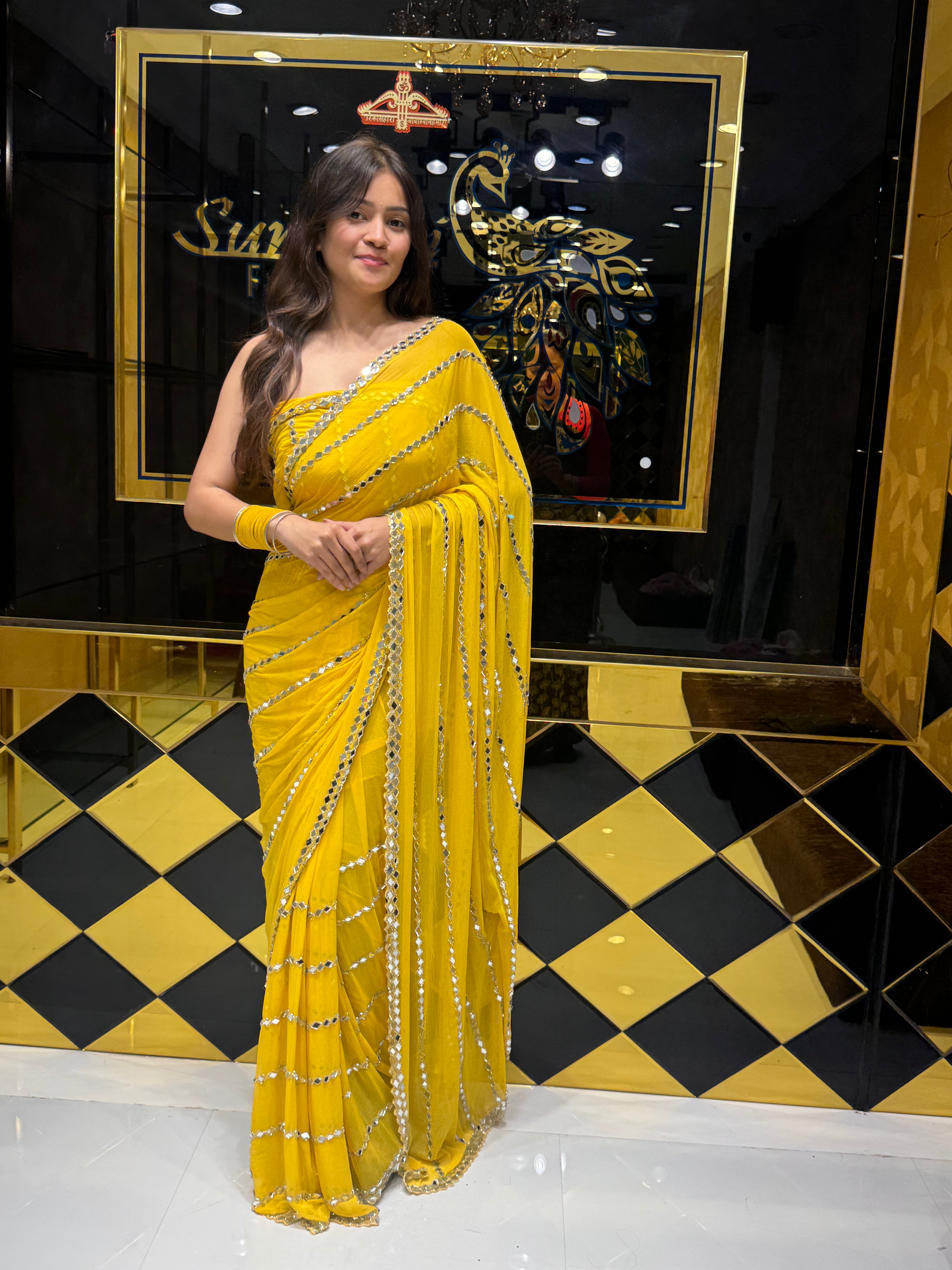 Yellow Original Mirror Work Saree (122)